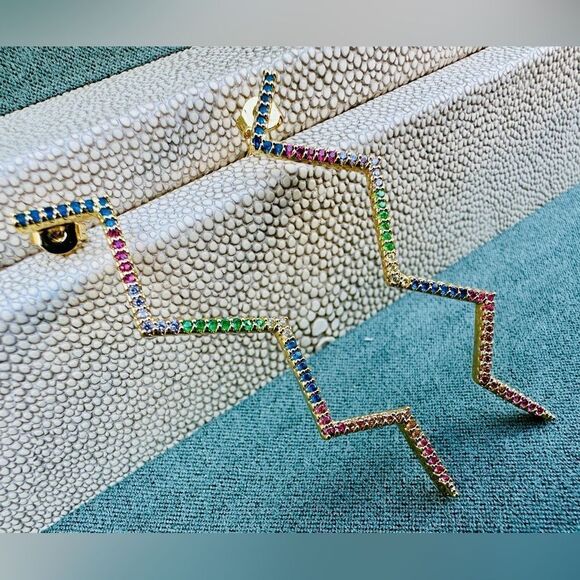 Dazzling Zigzag Rainbow Earrings – Gold Plated Multicolor Zigzag Earrings - Picture 4 of 17